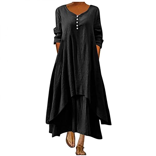 Baumwoll Leinen Kleider für Damen Einfarbiges Skaterkleid in Übergröße 5XL Blusenkleid mit Knöpfen V Ausschnitt A Linie Kleid mit halben Ärmeln und Taschen Knöchellanges Maxi Long Kleid Partykleid von YSpoe