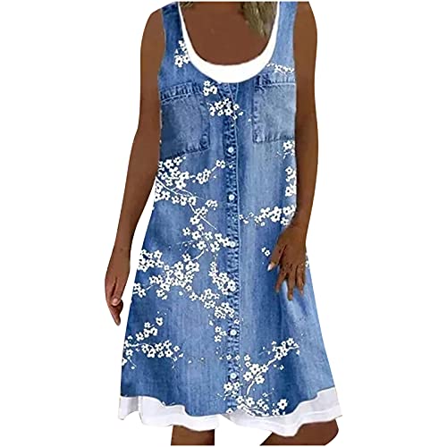 YSpoe Gefälschtes zweiteiliges Imitat Jeanskleid Damen Lässiges Minikleid mit Blumendruck Ärmelloses Trägerkleid Skater Kleider A Linie Kleid knielanges kleid Urlaub Strandkleid Partykleid, Blau, M von YSpoe