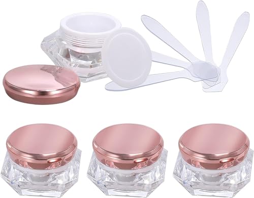 4 Stück, leerer 10 ml transparenter Acryl-Kosmetikbehälter in Diamantform, Gesichtscreme-Lotion-Gläser, Topf mit rosa Deckel + 4 x Löffel von YTBHSHXZ