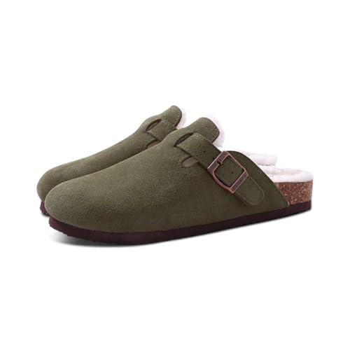 YUECIBAI Hausschuhe Pantoffeln Damen Herren Für Frauen Männer Heim Kork Fuzzy Hausschuhe Kurze Plüsch Kartoffel Schuhe Indoor Outdoor Warm 36 ArmyGreen von YUECIBAI