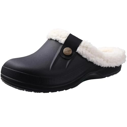 YUECIBAI Hausschuhe Pantoffeln Damen Herren Hausschuhe Herren Wasserdicht Gartens Chuhe Heim Clogs Weiche Plüsch Hausschuhe Schlafzimmer Fuzzy Schuhe Indoor Outdoor 35-36(8 6-8 8 Zoll) Black White von YUECIBAI