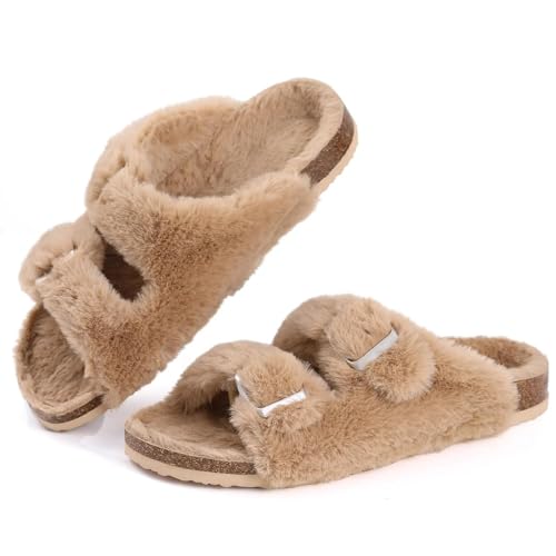 YUECIBAI Hausschuhe Pantoffeln Damen Herren Mode Fuzzy Hausschuhe Damen Slide Sandalen Mit Doppels Chnalle Offene Zehe Haus Flache Schuhe Indoor Outdoor 37 (22,5 cm) Khaki von YUECIBAI