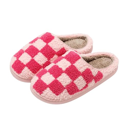 YUECIBAI Hausschuhe Pantoffeln Damen Herren Retro Karierte Plüsch Hausschuhe Für Damen Fuzzy Checker Gemütlicher Indoor-Komfort Flauschiges Atmungsaktives Kissen Rutschen Weiche Schuhe 41-42 Pink von YUECIBAI