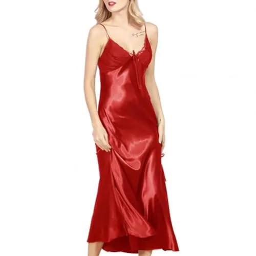 YUECIBAI Hübsche Kleid Kleider Dress Seiden-Nachthemd Frauen Plissee Mit V-Ausschnitt Ärmel Los Seiden-Nachthemd Frauen Plissee V-Ausschnitt XXXL Rot von YUECIBAI
