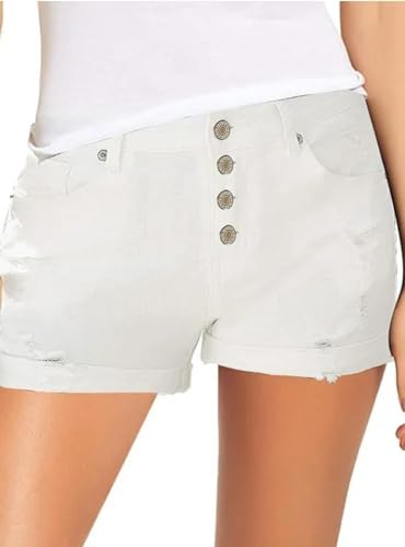 YUECIBAI Jeans Pantalon Jeanshosen Baumwoll-Taille Elastische Jeans-Shorts Damen-Freizeit-Sport-Jeans-Shorts Mit Taschen-Reiß Verschluss XL Weiß von YUECIBAI
