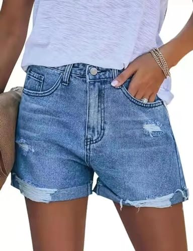 YUECIBAI Jeans Pantalon Jeanshosen Stil Jeans Shorts Für Frauen Handgemachte Ausgefranste Hohe Taille Bequeme Lässige Jeans 2XL Hellblau von YUECIBAI