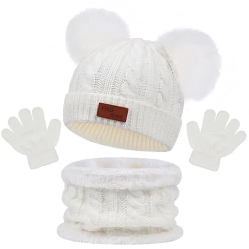 YUECIBAI Schal Damen 3 Teile/Satz Beanie Heat Necker Chief Handschuhe Set Plüsch Kugeln Dekor Strick Mütze Verdickter Schal Einfarbig Handschuhe Set Einheits Größe Weiß von YUECIBAI