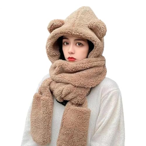 YUECIBAI Schal Damen Frauen Plüsch Hut Niedliche Form 3 In 1 Hut Schal Handschuhe Set Einfarbig Warmer Hals Wärmer Hut Eine Größe Khaki von YUECIBAI