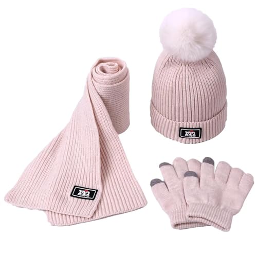 YUECIBAI Schal Damen Kinder Winter Warme Gestrickte Beanie Mütze Schal Handschuhe Set Outdoor Warme Mütze Mit Futter Kinder Hut Schal Handschuhe A von YUECIBAI