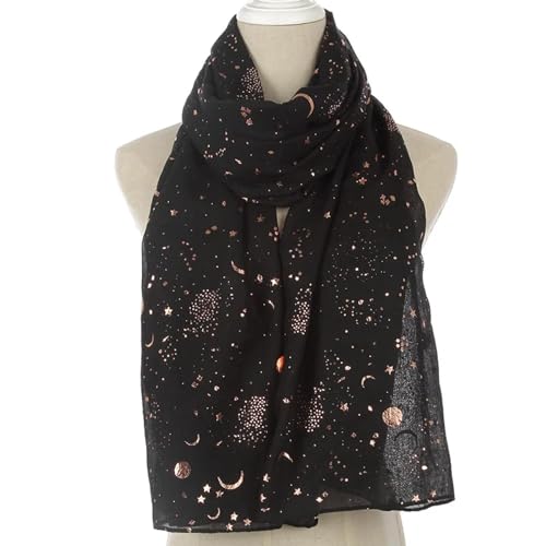 YUECIBAI Schal Damen Mode Moon Star Bronzing Print Seiden Schal Dünn Lang Weiche Klimaanlage Warmer Schal Frauen Sonnenschutz Schals 70X180Cm Schwarz von YUECIBAI