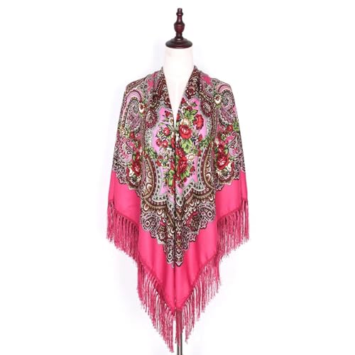 YUECIBAI Schal Damen Schal Kopf Wrap Für Frauen Luxus Schals Folk Baumwolle National Schal Blumen Druck Reise Bandana 160 Cwithfringe Jm72Fuchsia von YUECIBAI