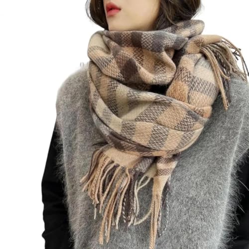 YUECIBAI Schal Damen Schal Wrap Quaste Thermische Schal Damen Plaid Print Lang Warm Schal Kostüm Zubehör Braun von YUECIBAI