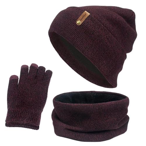 YUECIBAI Schal Damen Unisex Mützen Hut Ring Schal Handschuhe Set Winter Gestrickt Dick Warme Mütze Damen Herren Solide Retro Mütze Soft Touch Screen Handschuhe B von YUECIBAI