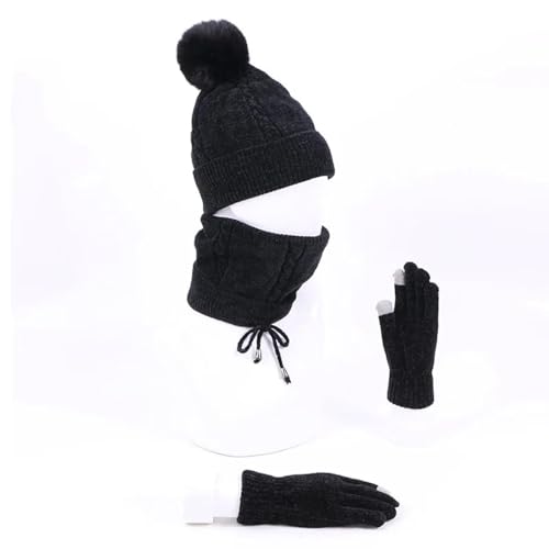 YUECIBAI Schal Damen Winter Zubehör 3 Stück Gestrickte Hut Schal Handschuhe Set Für Frauen Männer Warme Ohren Stricken Schädel Bohnen Mit Futter Schal Handschuhe Set B von YUECIBAI