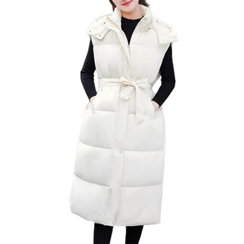 YUECIBAI Weste Vest Baumwoll Weste Mantel Damen Lange Daunen Weste Wind Dicht Kapuze Warme Schnee Weste Auskleidung 2XL Beige von YUECIBAI