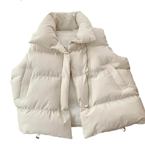 YUECIBAI Weste Vest Damen Jacke Ärmel Los Weste Reiß Verschluss Kordel Zug Hem Puffer Weste Halsband Baumwolle Puffer Weste Oberbekleidung M Weiß von YUECIBAI