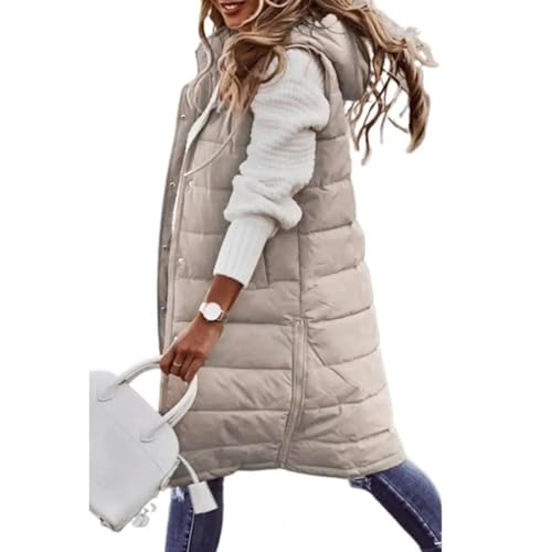 YUECIBAI Weste Vest Damen Jacke Mit Reiß Verschluss Stilvoll Damen-Weste-Mantel Mit Kapuze Schlank Mit Reiß Verschluss Saum Taschen Modisch L Beige von YUECIBAI