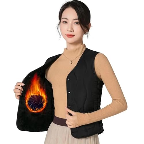 YUECIBAI Weste Vest Damen Weste Damen Schichtung Weste Mantel Dünn Gepolsterte Knopf Verschluss Rundhals Ärmel Los Design Wind Dicht Hitze M Schwarz von YUECIBAI