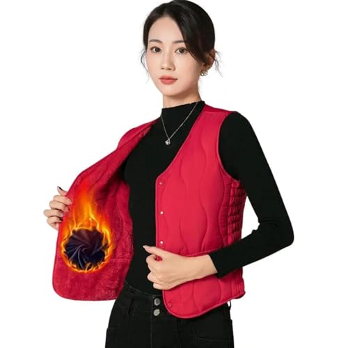 YUECIBAI Weste Vest Damen Weste Damen Schichtung Weste Mantel Dünn Gepolsterte Knopf Verschluss Rundhals Ärmel Los Design Wind Dicht Hitze XL Rot von YUECIBAI