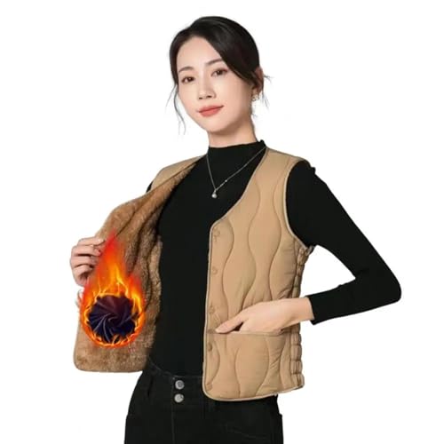 YUECIBAI Weste Vest Damen Weste Damen Schichtung Weste Mantel Dünn Gepolsterte Knopf Verschluss Rundhals Ärmel Los Design Wind Dicht Hitze XXL Khaki von YUECIBAI