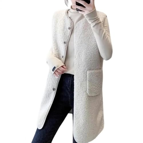 YUECIBAI Weste Vest Damen Weste Mantel Lose Mittellange Ärmellose Einreihige Warme Dicke Weste XL Beige von YUECIBAI