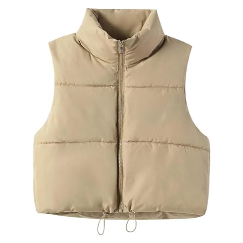 YUECIBAI Weste Vest Damen Weste Mantel Verdickt Reiß Verschluss Stand-Up Kragen Ärmel Los Wind Dicht Wärme Rückhalt Outdoor Daunen Mantel M Khaki von YUECIBAI