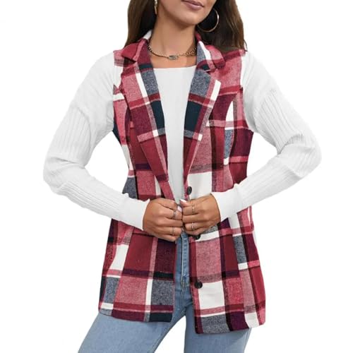 YUECIBAI Weste Vest Frauen Retro Weste Plaid Print Weste Mantel Für Frauen Retro Weste Mit Turn-Down Kragen Button Down Verschluss Stilvolle S Rot von YUECIBAI