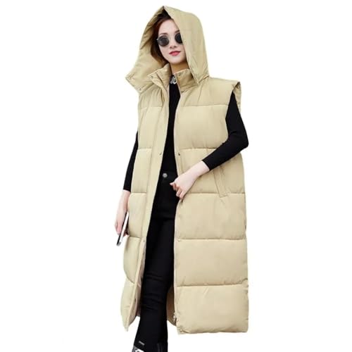 YUECIBAI Weste Vest Lange Mit Kapuze Outdoor Weste Daunen Damen Jacke Mantel Ärmel Los Jacke Winter Pullover M Khaki von YUECIBAI