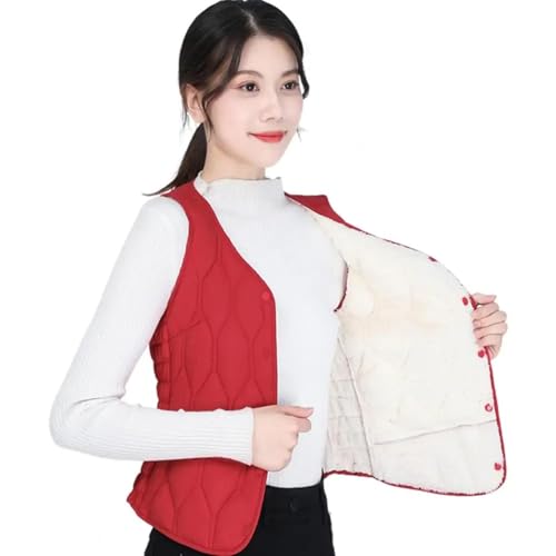 YUECIBAI Weste Vest Stilvoller Damen-Weste-Mantel Mit Knopf Verschluss Hitze Rückhalt Ärmel Los Outdoor-Daunen XL Rot von YUECIBAI