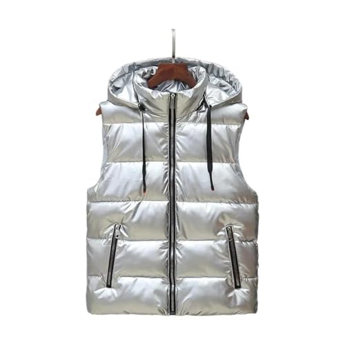 YUECIBAI Weste Vest Warme Herren-Weste-Jacke Herren-Kapuzen-Weste-Mantel Mit Kordel Zug Verschluss Ärmel Los Damen Bekleidungs Jacke Verdickt L Silver White von YUECIBAI