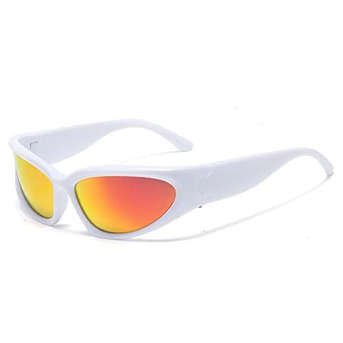 YUELUQU Futuristisch Sonnenbrillen Fahrradbrille für damen herren Y2K Sportbrille UV400 Schutz party brille rennrad brille (Weiß(R)-Gold(L)) von YUELUQU