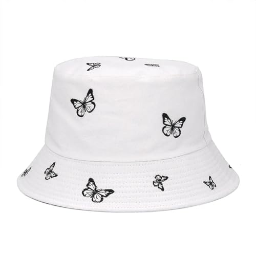 YUEZHAN Bucket Hat Hut Damen Herren Damen Butterfly Print Stickerei Eimer Hut Faltbar Sonnenhut Kappe Hip Hop Angel Mütze Outdoor Hut Geschenk Weiblich 56-58Cm Weiß von YUEZHAN