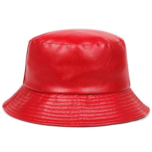 YUEZHAN Bucket Hat Hut Damen Herren Eimer Hüte Pu-Top Damen Mode Leder Mütze Unisex Fischer Kappen 56-58Cm Rot von YUEZHAN