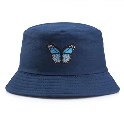 YUEZHAN Bucket Hat Hut Damen Herren Unisex Mode Schmetterling Bestickte Eimer Hut Mütze Kurze Krempe Hüte Für Männer Frauen Jugendliche Faltbare Baumwolle Fischer Kappen 56-58Cm Navy von YUEZHAN