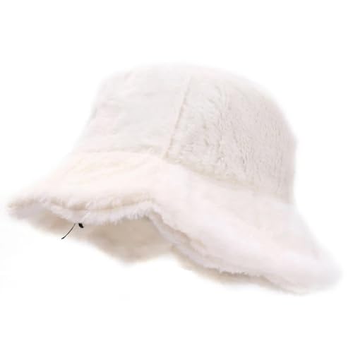 YUEZHAN Bucket Hat Hut Damen Herren Weiche Flauschige Rüschen Kübel Mütze Plüsch Lotus Blatt Winter Warm Fischer Hut Frauen Mädchen Winter Trend Outdoor Casual Cap Hüte Weiß von YUEZHAN