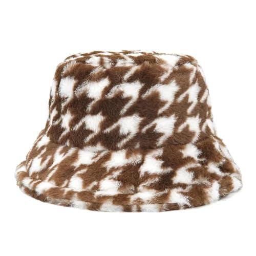 YUEZHAN Bucket Hat Hut Damen Herren Winter Outdoor Flauschiger Fischer Hut Frauen Hahnen Tritt Verdickt Kariert Warme Angel Kappe Eimer Hut 58-60Cm Dunkelbraun von YUEZHAN