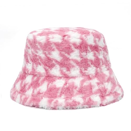 YUEZHAN Bucket Hat Hut Damen Herren Winter Outdoor Flauschiger Fischer Hut Frauen Hahnen Tritt Verdickt Plaid Warme Angel Kappe Eimer Hut 58-60Cm Rosa von YUEZHAN