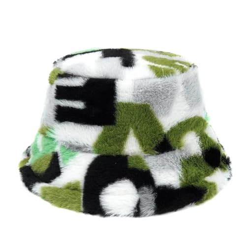 YUEZHAN Bucket Hat Hut Damen Herren Winter Warme Eimer Hüte Frauen Graffiti Weiches Samt Breite Krempe Fischer Hut Damen Buchstabe Outdoor M56-58Cm M372-2Green von YUEZHAN