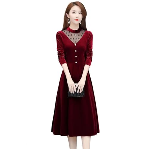 YUEZHAN Hübsche Kleid Kleider Dress Büro Dame Elegantes Samt Kleid Mit O-Ausschnitt Hohles Mesh-Garn-Nähkleid Langärmliges Weißiges Saum-Midi Kleid 3XL Rot von YUEZHAN