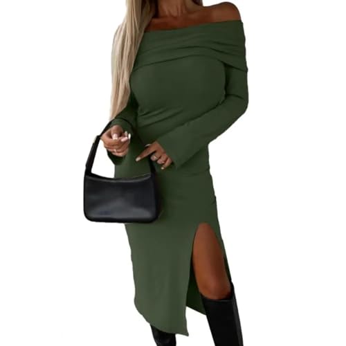 YUEZHAN Hübsche Kleid Kleider Dress Damen Bodycon Kleid Aus Schulter Langarm Kleid Slit Sem Slim Fit Tight Party Kleid Hüft Gewickelt Kleid M ArmyGreen von YUEZHAN