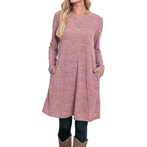 YUEZHAN Hübsche Kleid Kleider Dress Damen Einfarbiges Kleid O-Ausschnitt Langarm Kleid Knöpfe Dekor Taschen Freizeit Mini Kleid Streetwear M Pink von YUEZHAN