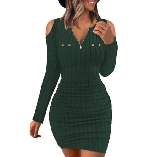 YUEZHAN Hübsche Kleid Kleider Dress Damen Gestricktes Kleid Hohl Aus Der Schulter Schlank Fit Etui Kleid Elastisch Lang Ärmelige Enge Taille Mini Kleid XL Army Green von YUEZHAN