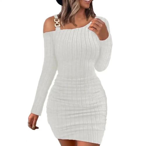 YUEZHAN Hübsche Kleid Kleider Dress Damen Kleid Gestrickt Eine Schulter Elastisch Einfarbig Eng Lange Ärmel Mini-Scheide Party-Abschluss Kleid L Weiß von YUEZHAN