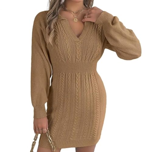 YUEZHAN Hübsche Kleid Kleider Dress Damen Kleid Gestrickt Revers Elastische Enge Taille Mantel Kleid V-Ausschnitt Lange Laterne Ärmel Schlank Fit Dame Mini Kleid L Khaki von YUEZHAN