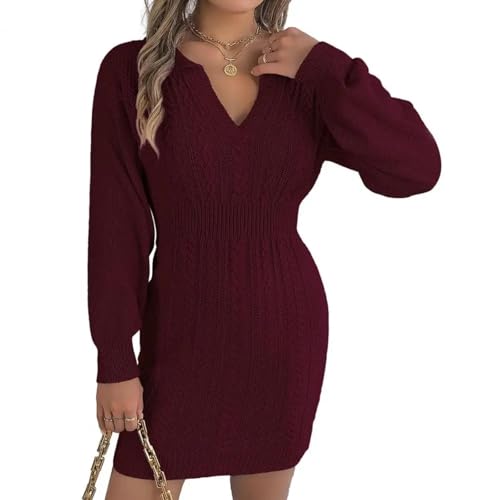 YUEZHAN Hübsche Kleid Kleider Dress Damen Kleid Gestrickt Revers Elastische Enge Taille Mantel Kleid V-Ausschnitt Lange Laternen Ärmel Schlank Fit Dame Mini Kleid S WineRed von YUEZHAN