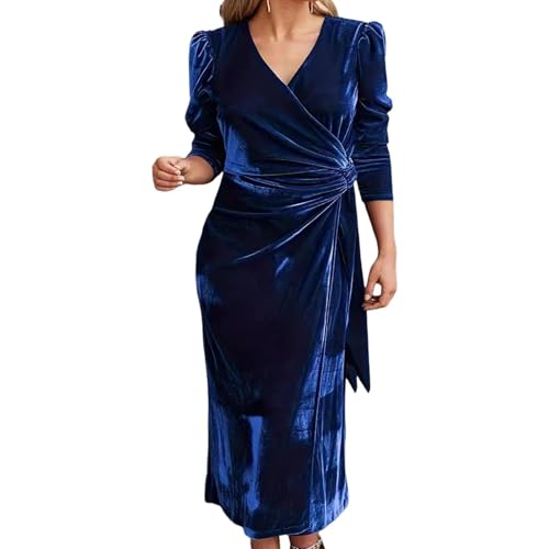 YUEZHAN Hübsche Kleid Kleider Dress Damen Kleid Kreuz V-Ausschnitt Einfarbig Schnürung Mit Fester Taille Mit Mittlerer Wade Länge Lange Ärmel XL Blau von YUEZHAN