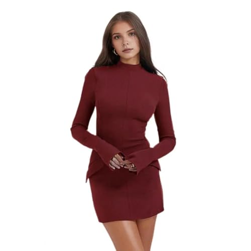 YUEZHAN Hübsche Kleid Kleider Dress Damen Kleid Mantel Slim Fit Kleid Stand Kragen Dekor Langarm Mini Kleid M WineRed von YUEZHAN