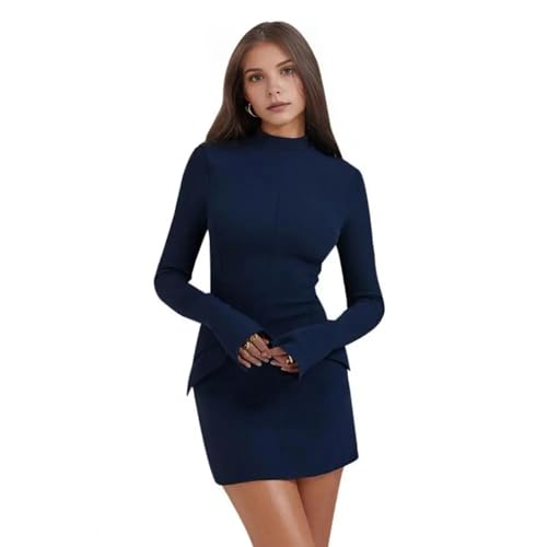 YUEZHAN Hübsche Kleid Kleider Dress Damen Kleid Mantel Slim Fit Kleid Stand Kragen Dekor Lange Ärmel Mini Kleid S Blau von YUEZHAN