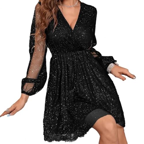 YUEZHAN Hübsche Kleid Kleider Dress Damen Kleid Mit Glänzenden Pailletten Mit Hoher Taille DREI Viertel Ärmeln Patchwork Große Schaukel Knielang Party-Prom-Kleid L Schwarz von YUEZHAN