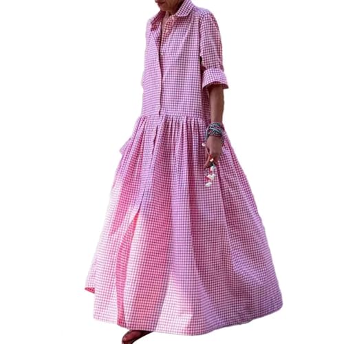 YUEZHAN Hübsche Kleid Kleider Dress Damen Kleid Mit Revers-Plaid-Print A-Linie Großes Saum-Damen Kleid Lang Ärmelig Weich Lässig In Voller Länge Damen Kleid L Rosa von YUEZHAN